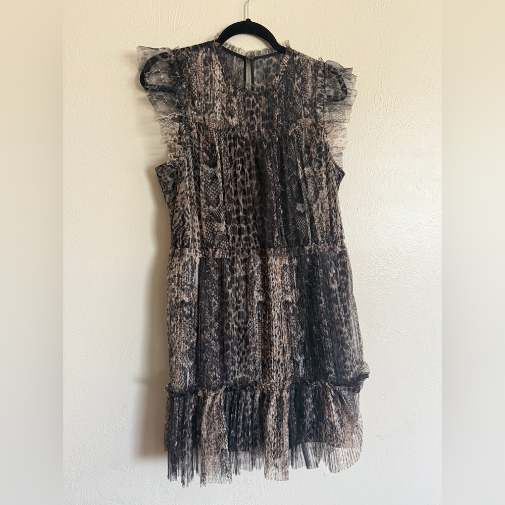 All Saints Perri Noche Animal Print Cap Sleeve Ruffle Mesh Minidress XL *flawed* - Picture 4 of 11